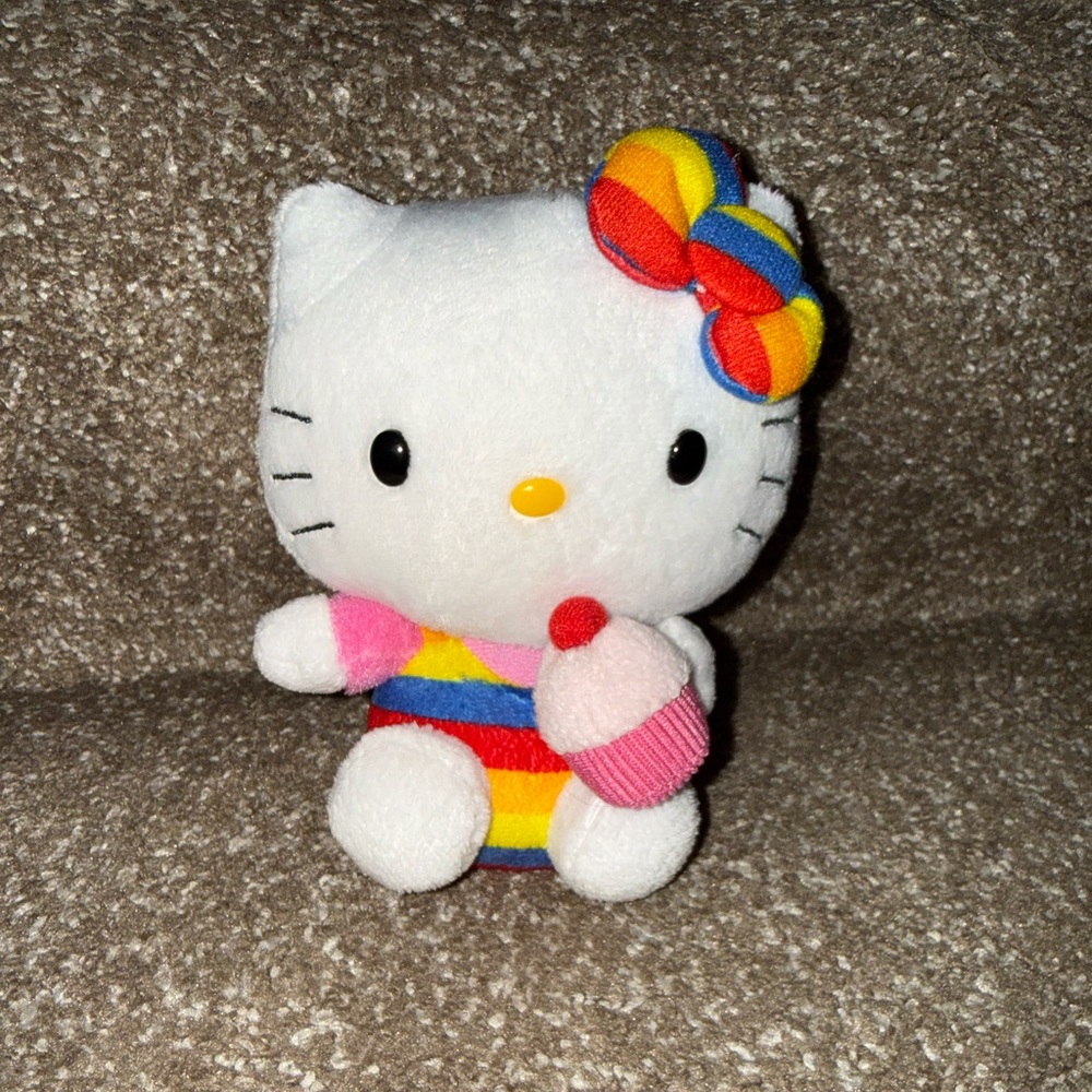 TY- 6 inch Hello Kitty Plush with Rainbow Stripes and Cupcake